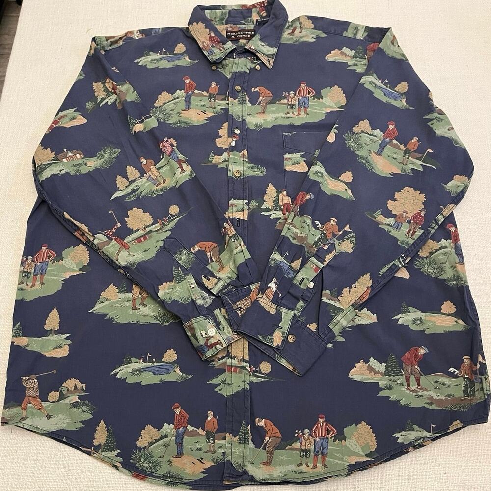 Vintage XL Roundtree & Yorke Golf All-Over Print Button Down Shirt Navy